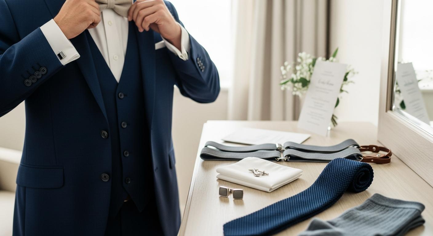 Marié en costume bleu marine ajustant un nœud papillon en lin, accessoires de costume posés sur une commode