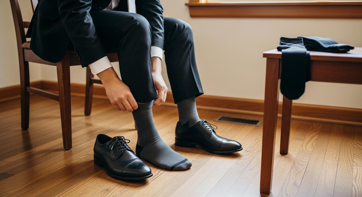 Homme en costume noir ajustant une chaussette habillée gris anthracite, chaussures en cuir noir, lumière naturelle et décor intérieur sobre Bild
