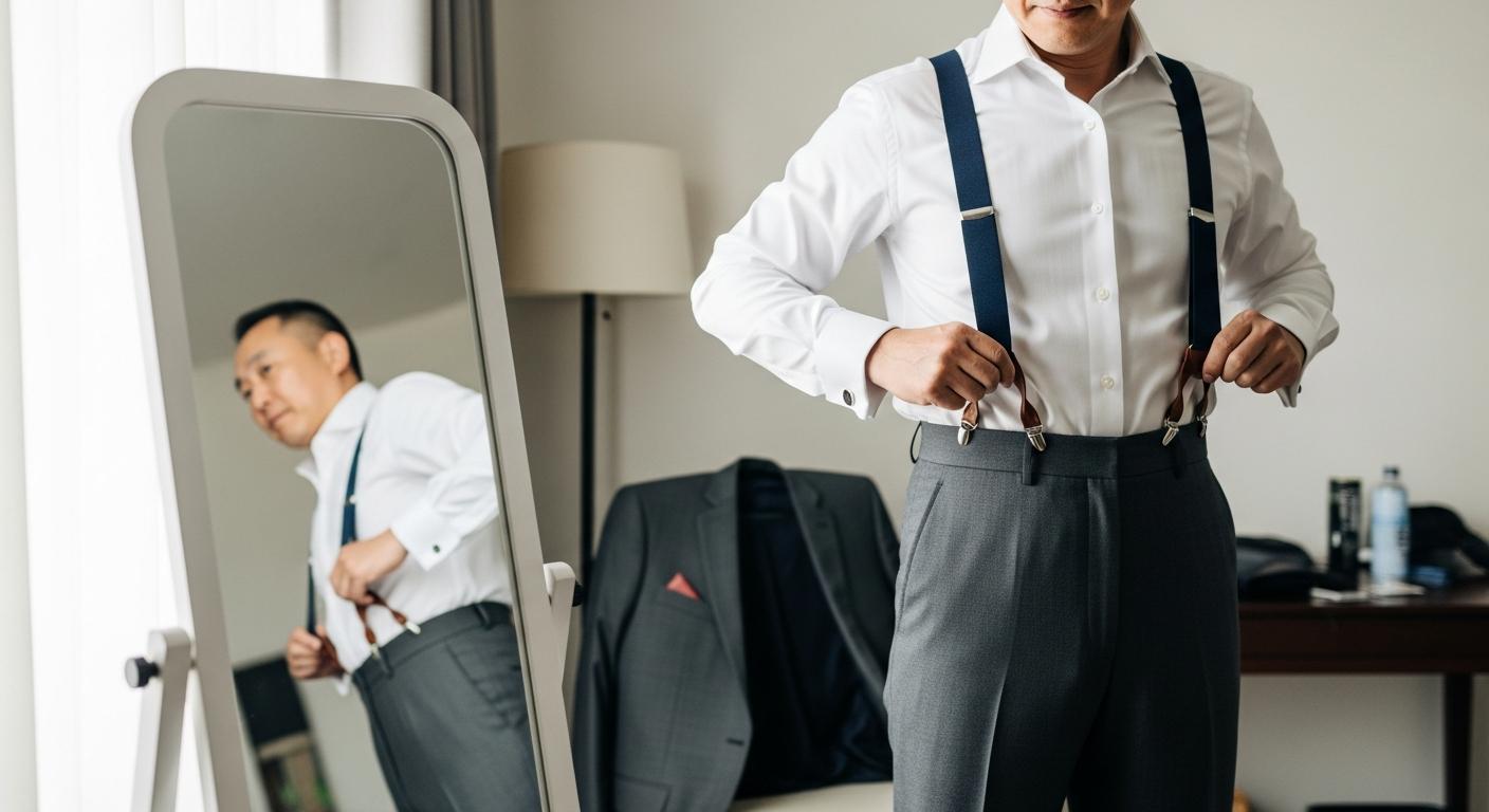 Homme en chemise blanche réglant ses bretelles bleu marine devant un miroir, avec pantalon de costume gris taille haute, dans une pièce lumineuse Bild