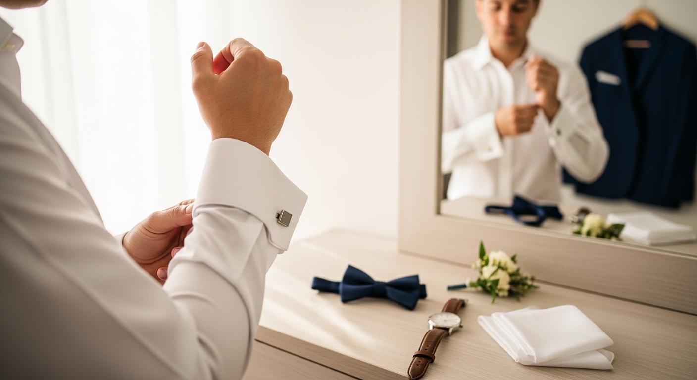 Homme en chemise blanche ajustant des boutons de manchette avant un mariage, accessoires posés sur une commode Bild