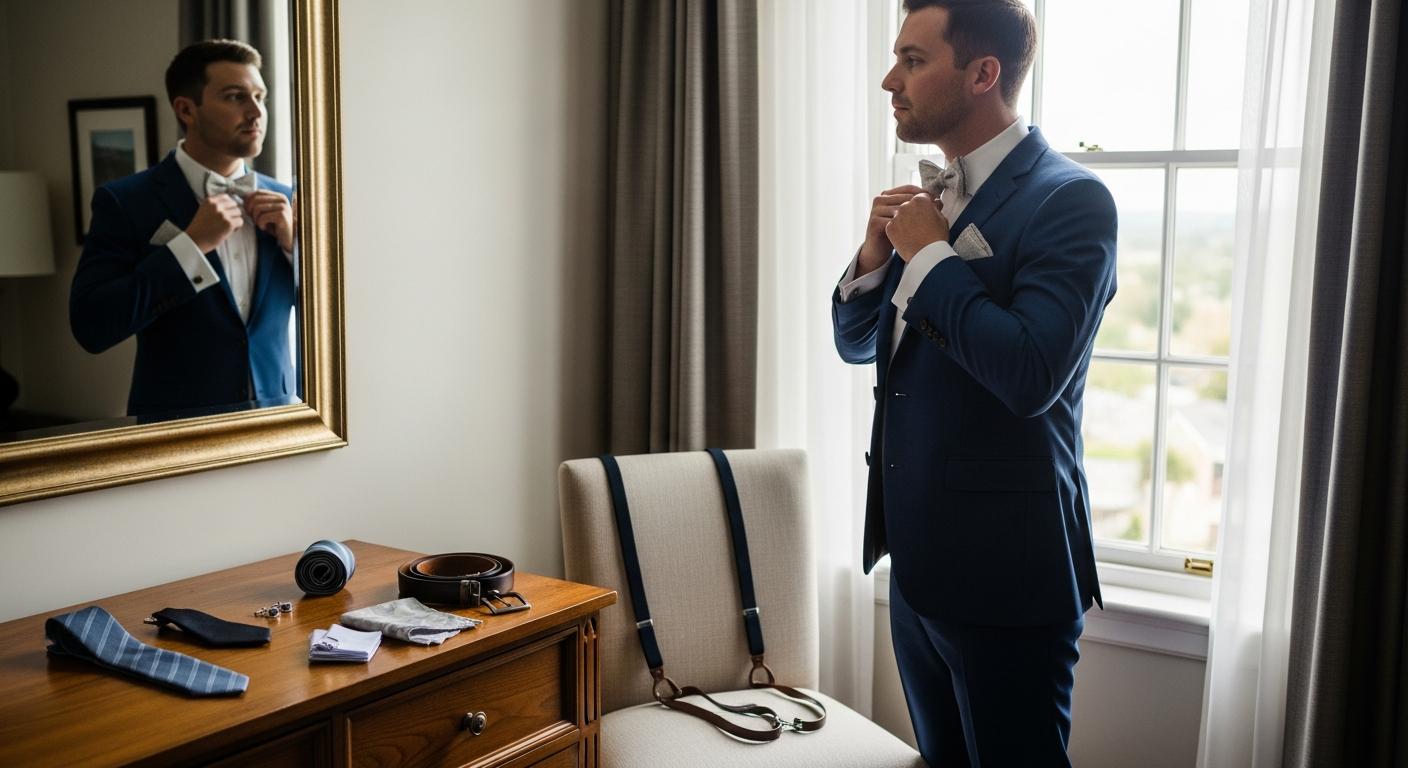 Témoin ajustant son nœud papillon devant un miroir, costume bleu marine et accessoires assortis, dans une chambre d’hôtel avant un mariage Bild