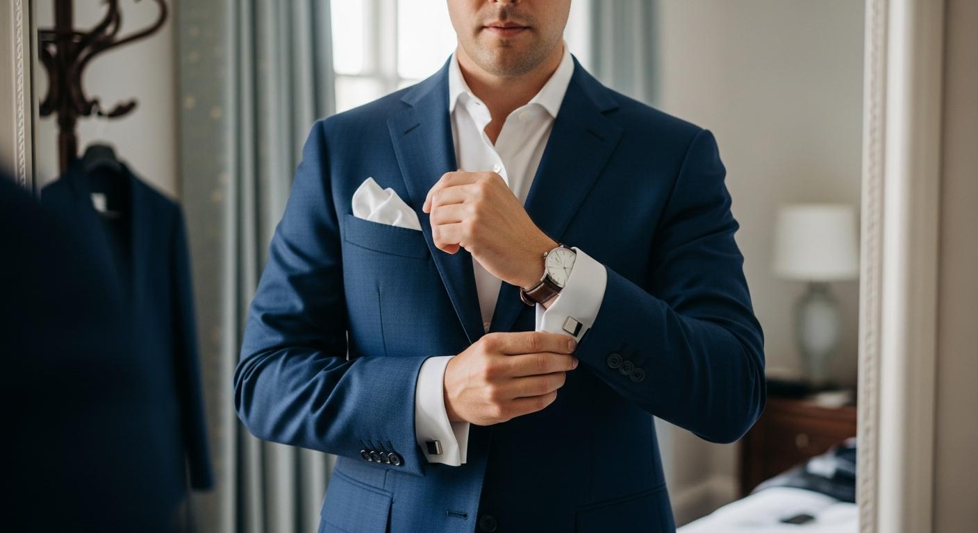 Homme en costume bleu marine ajustant des boutons de manchette argentés sur une chemise blanche, devant un miroir en lumière naturelle Bild
