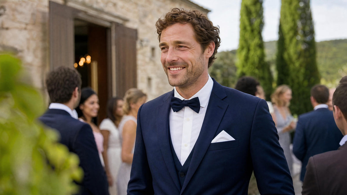 Homme en tenue de mariage avec accessoires assortis à un costume bleu marine.