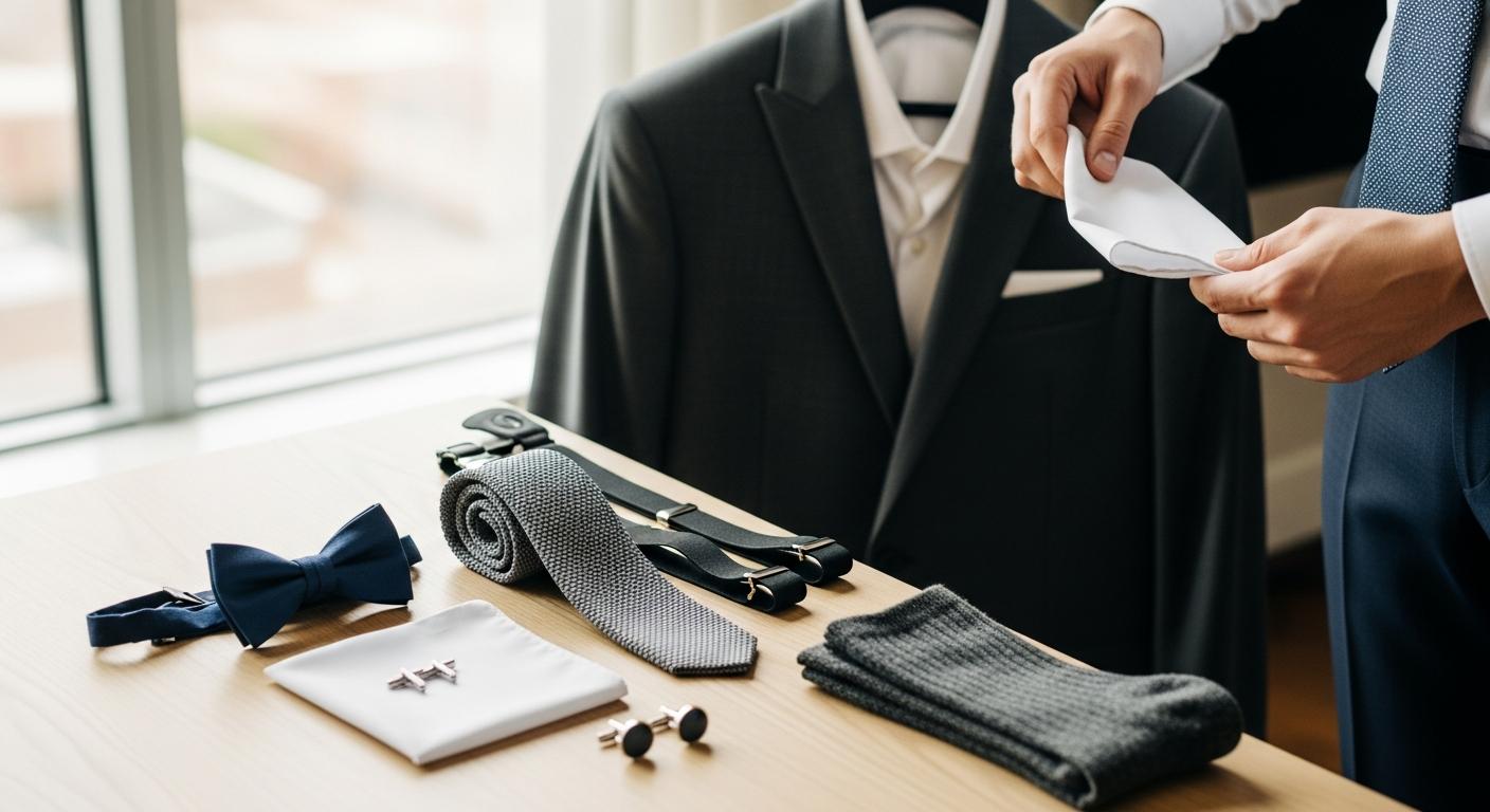 Accessoires de costume posés sur une table en bois, avec un homme qui compare nœud papillon, cravate et pochette près d’une fenêtre Bild