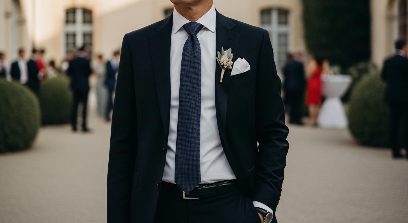 Homme en costume noir avec chemise blanche et cravate élégante lors d’un mariage, cadrage mi-corps en lumière douce Bild