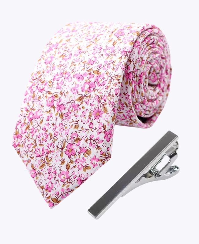 Krawatte + Krawattenklammer Liberty Rosa n°4 Herren aus Baumwolle «Gaspard»