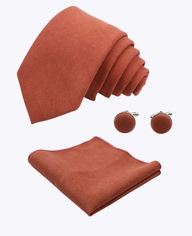 Krawatte + Einstecktuch + Manschettenknöpfe Terracotta n°3 Herren aus Samteffekt «Simon»