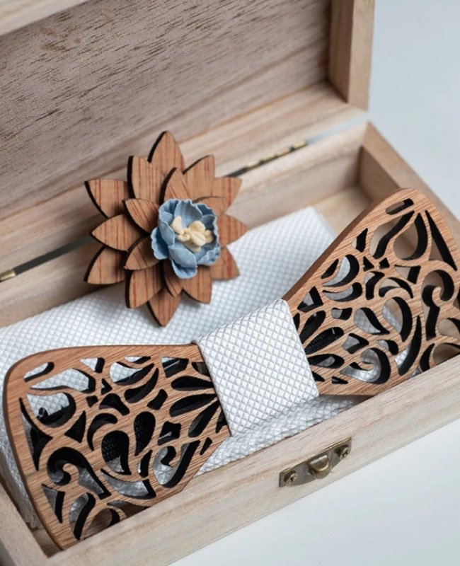 Geschenkbox Weiße Herren-Fliege aus Holz „Hercule"