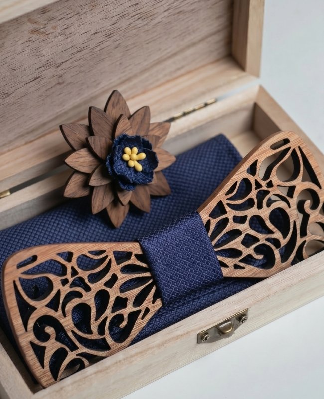 Geschenkset Fliege Blau Herren aus Holz „Hercule"