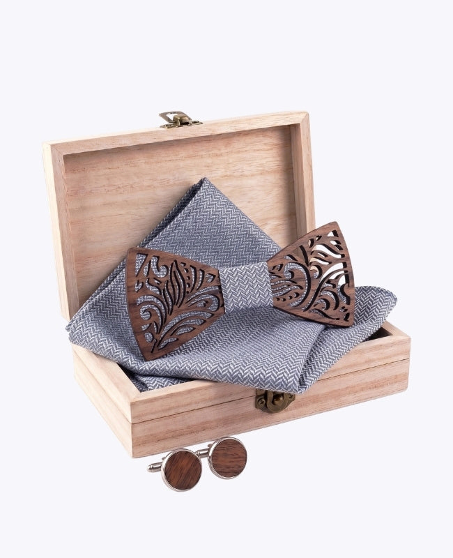 Geschenkbox Herren-Fliege grau aus Holz „Baptiste"