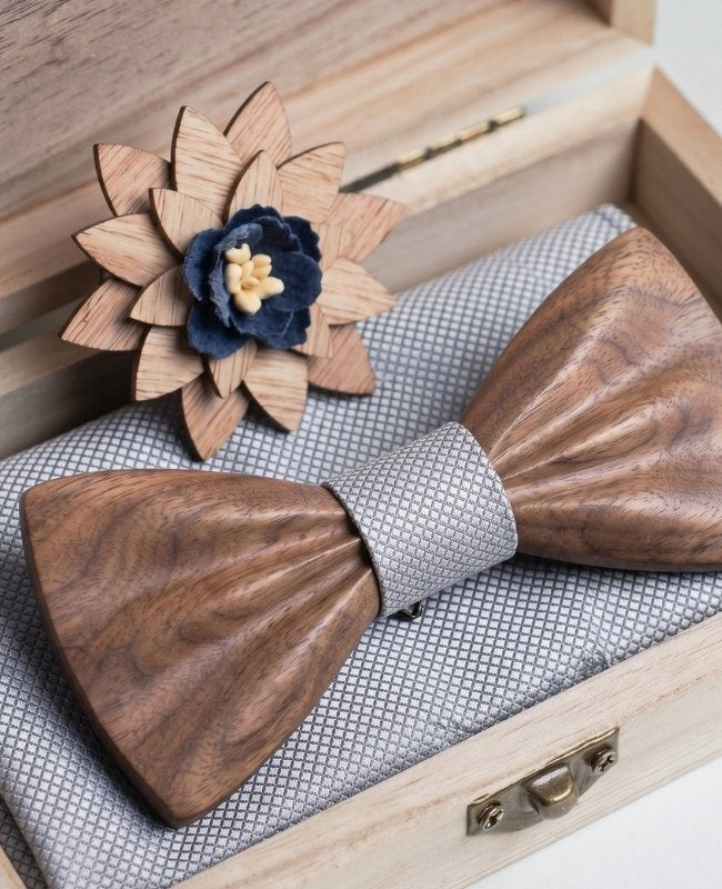 Geschenkbox Graue Herren-Fliege aus Dunklem Holz „Hippolyte"