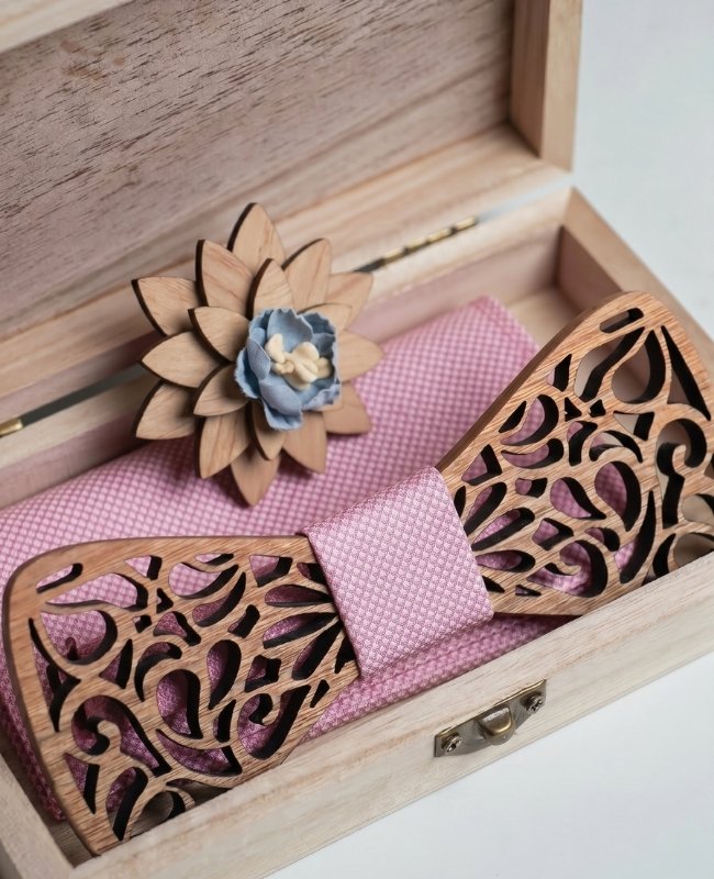 Geschenkset Fliege Rosa Herren aus Holz „Hercule"