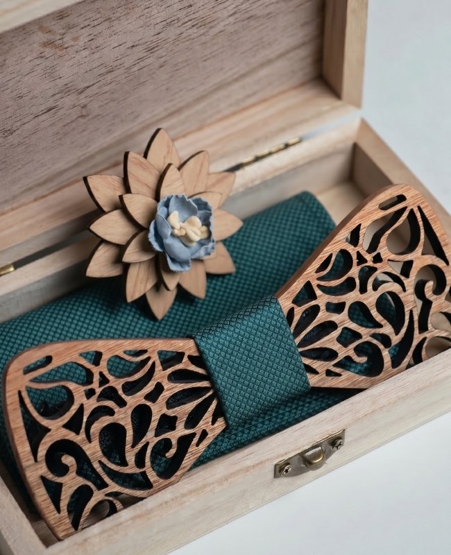 Geschenkbox Grüne Herren-Fliege aus Holz „Hercule"