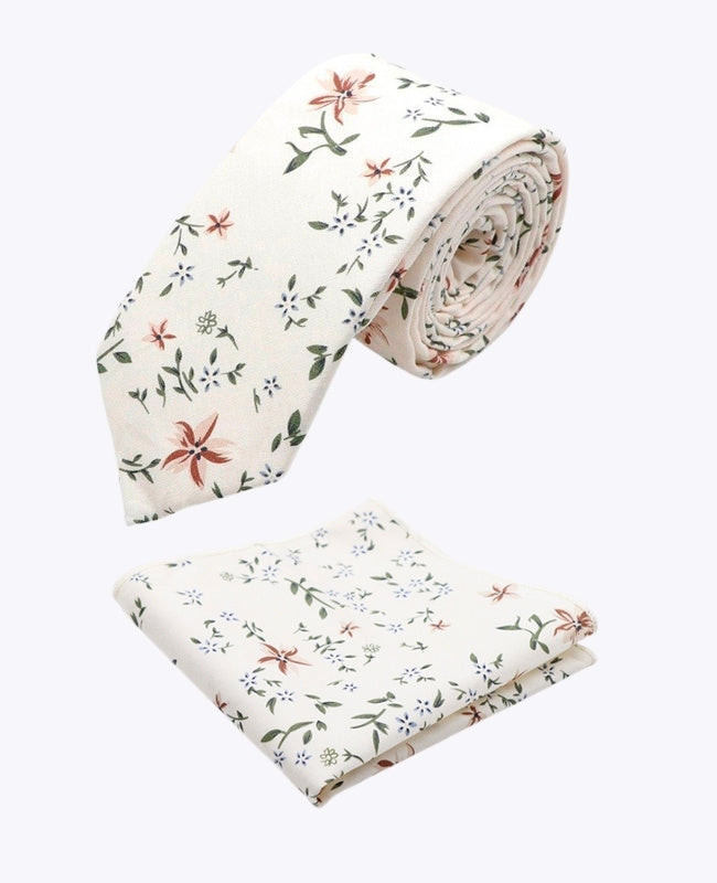 Krawatte + Einstecktuch Liberty Weiß n°8 Herren Baumwolle «Charles»