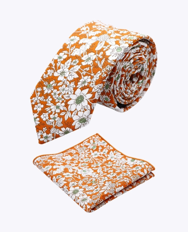 Krawatte + Einstecktuch Liberty Orange Herren Baumwolle «Clovis»